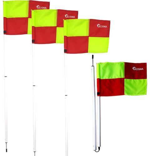 Kosma Lot de 4 mâts blancs pliants avec drapeaux verts et rouges | Drapeaux d'angle pliants | Drapeaux d'angle pliants | Drapeaux de football ligne latérale | 1,5 m x 25 mm