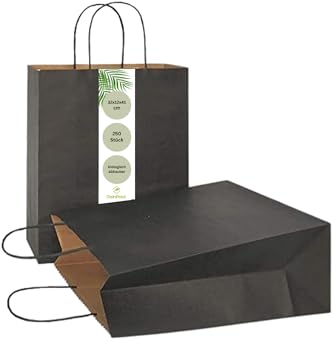 DeinPack 250 Papiertüten 32 x 12 x 41 cm aus Kraftpapier, Papiertüten mit Henkel, Geschenkverpackung, Geschenktüten, Gastgeschenke Tüten, Mitgebseltüten, Geschenktüten Set - schwarze Papier Tüten