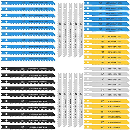 Abizarch 54Pcs Jig Saw Blade Set High Carbon Steel Assorted Saw Blades with U-Shank Sharp Fast Cut Down Jigsaw Blade Woodworking Tool for Wood Metal Plastic Cutting