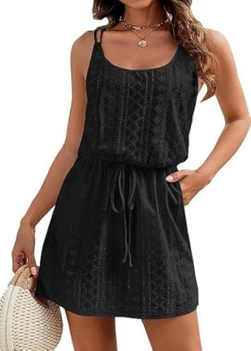 Hanaoops Womens Hollow Out Swimsuit Cover Up Hollow Back Spaghetti Strap Beach Coverup Summer Boho Eyelet Mini Dress Sexy Sleeveless U Neck Tie Waist Beach Dresses Swimwear Black