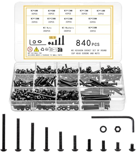woshilaoDS 840 Stück Innensechskant Schrauben Muttern Set, M3 Schrauben Set, Maschinenschrauben mit Muttern, Schwarz Gewindeschrauben Set, Rundkopf Linsenkopf Sechskantschrauben und Muttern Set