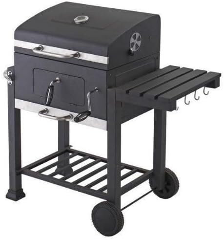 Suprills American Style Square Portable BBQ Grill with wheels, 1 Foldable Side Tables and Built-in Temperature Gauge, Adjustable Charcoal Grill Smoker Home Outdoor Garden Picnic Party Cooking Camping