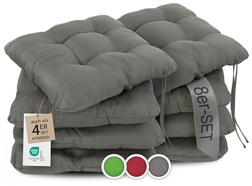 ZOLLNER 8er Set Sitzkissen in 38x38cm - gemütliche Stuhlkissen mit Bindebänder - waschbar bis 30°C - in grau - Oeko Tex® Zertifiziert