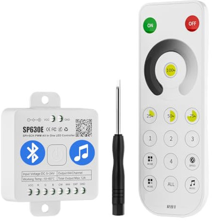 BTF-LIGHTING 4 Zone 2.4GHz Telecomando RF Dimmerabile RB1 e SP630E Bluetooth Controllore Kit Supporto FCOB COB SMD PWM o SPI Strisce LED Monocolore DC5V DC12V DC24V