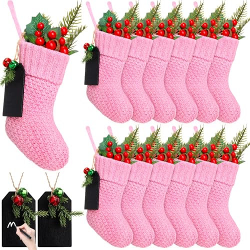 Zubebe 12 Stück Weihnachtsstrümpfe, gestrickt, rustikal, mit 12 Stück Namensschildern, Familie, Weihnachten, Kamin, hängende Strümpfe, Urlaubsdekorationen, Strümpfe (Rosa)