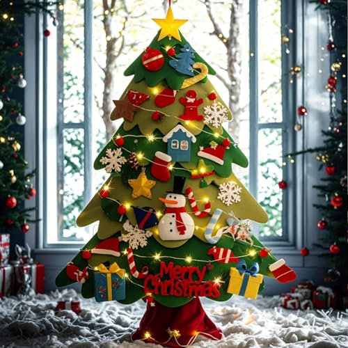 Feutre Arbre De Noël pour Enfants, Arbre de Noël en Feutre à Monter soi-même + décorations Amovibles 32 pièces Décoration de Noël pour Murs et Portes de la Maison