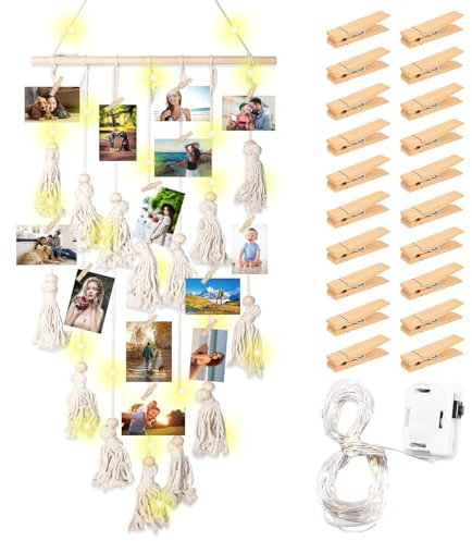 Makramee Wandbehang, Zimmer Deko Hängende Bilderrahmen Collage mit 30 Holzclips und Foto Lichterkette, Bilderwand Boho Style Deko für Wohnzimmer Schlafzimmer Outdoor Hochzeit Weihnachtstag Dekor