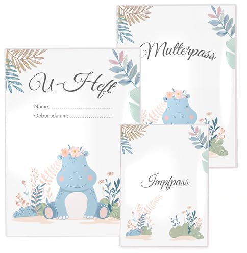 Polymedia 6 teiliges Set mit Einlagen für Mutterpass, U-Heft und Impfpass inklusive passender transparenter Hüllen, Untersuchungsheft- & Impfpasshülle, Schutzhülle für Untersuchungen, Baby Hippo