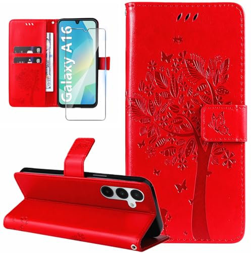 Dcjlbo Coque pour Samsung Galaxy A16 4G/5G Etui Portefeuille Cuir avec Verre Trempé Motif Porte Carte à Rabat Clapet Housse Protection Flip Case Étui Coque pour Samsung Galaxy A16 4G/5G-Rouge