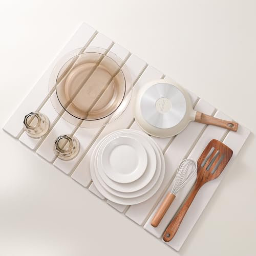 Volminex Tapis Egouttoir Vaisselle en Diatomite, Tapis Vaisselle Egouttoir Antidérapant, Tapis Absorbant Vaisselle Cuisine, Tapis de Séchage Vaisselle Absorbant Évier de Cuisine (Blanc, 60 x 40 cm)