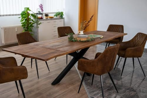 SAM Esstisch Jannik 160(260) x90 cm Akazie Nougat ausziehbar Spider schwarz | massiv, Echte Baumkante, ausziehbar, Akazienholz nougatfarben, inkl. 2 Ansteckplatten 50 x 90 cm