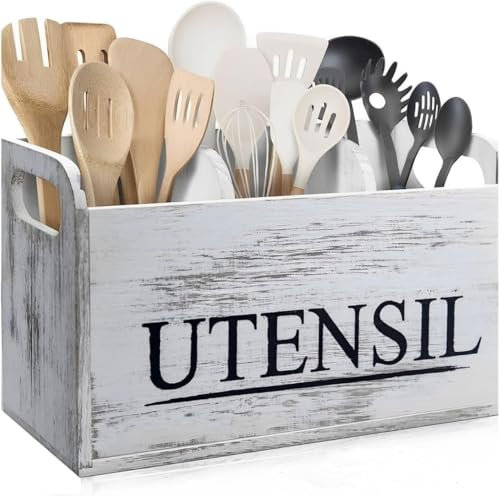 Werwing Grand porte-ustensiles de cuisine rustique en bois blanc pour ustensiles de cuisine, boîte de rangement pour ustensiles de cuisine avec 3 compartiments, 15,4 x 27,6 x 10,2 cm, rustique