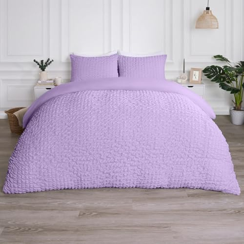 OHS Lilac Bedding King Size Duvet Cover Sets, Gifts for Women Geometric Seersucker Duvet Cover Luxury Embossed Waffle Bedding Quilt Covers King Size with Matching Pillowcases, Lilac Purple