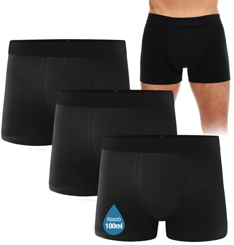 FORVEVO 3er Pack Inkontinenz Pants Männer Baumwolle,Waschbar Boxershorts Herren für Inkontinenz Underwear mit Saugfähigkeit Pants 100ml,Wiederverwendbar Unterhosen,Schwarz 2XL