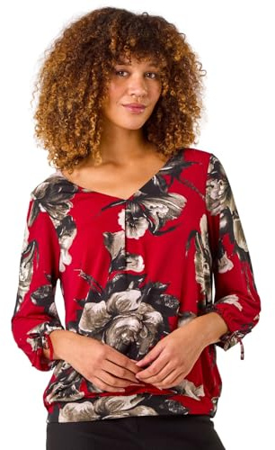 Roman Originals Brush Print V-Neck Tie Sleeve Top for Women UK - Ladies Everyday Autumn Winter Comfy Soft Evening Vacation Work Party Night Out - Burgundy - Size 16
