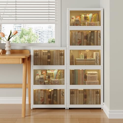 Abyssaly Plastic Storage Boxes with Lids, White Stackable Storage Drawers on Wheels, Large Collapsible for Bedroom Living Room, Bathroom, Clothes, Toys 4Pack/60L