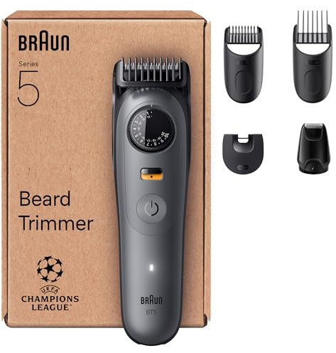 Braun Beard Trimmer Series 5, +5 Styling Tools, Ultra Sharp Blade, 120 Min Runtime, 40 Lengths, Waterproof, PrecisionWheel & Lock, BT5525, Grey