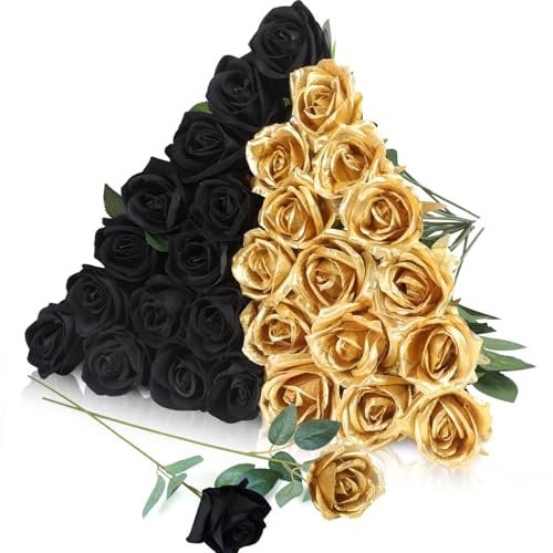 30 rose artificiali in seta, colore nero e oro, rose finte con stelo lungo, realistiche, fiori a stelo singolo, per composizioni nuziali, feste e decorazioni per la casa