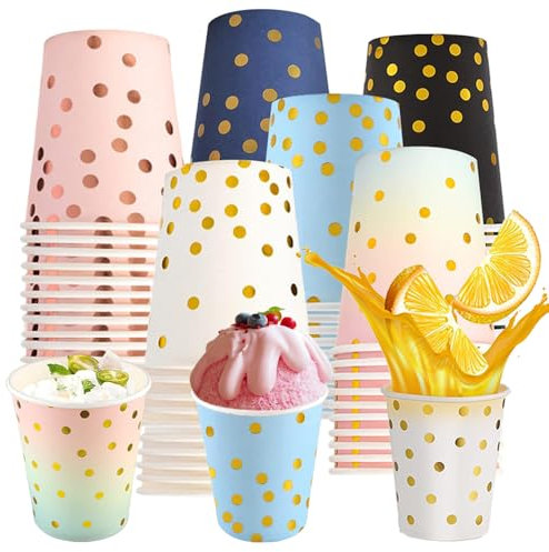 Coztie Pappbecher Gold Dot, 60 Stück Punktebecher, Einweg mit Gold Dot Partybecher, 250ml Disposable Paper Cups für Weihnachten Hochzeit Party Tee Heißen Kalten Getränken