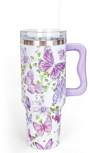 Whaline 40oz Purple Butterfly Tumbler with Handle Straw and Lid Spring Flower Butterfly Travel Tumbler Coffee Cup for Women Friend Holiday Birthday Party Favors