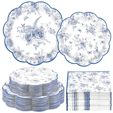 200Pcs Blue and White Floral Party Supplies Blue Floral Paper Plates and Napkins Disposable Vintage Flower Scalloped Tableware Set for Something blue Bridal Shower Decoration Wedding Tea Party Serve50