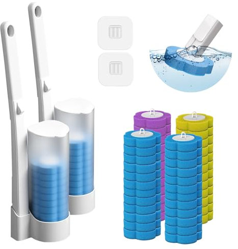 2 Pack Disposable Toilet Brush & Holders Set with 48pcs Cleaner Refills Scented Pads Wall Mounted white Plastic Long Handled Bathroom Toilet Brush with Disposable Head