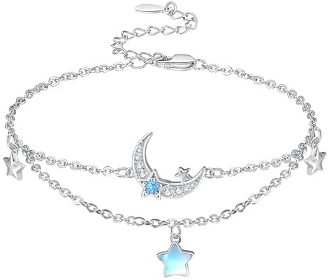 KINGWHYTE Bracelet de cheville en argent sterling 925 avec pierre de lune - Double couche - Bracelet de cheville réglable - Bijou pour femme, Eine Grösse, Argent sterling, Pierre de lune
