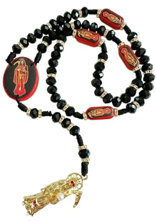 HCAXKFMMXU Collier noir de la mort sainte en bois Collier Père Noël Muerte Chapelet rouge Perles Bénédiction Faite Rosario de la Santa Muerte Prière G