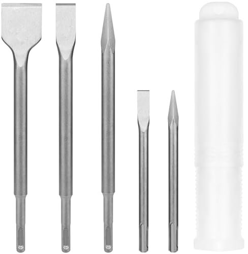 5-Piece SDS Drill Bit Chisel Set - 3 Flat & 2 Point Chisels for Concrete, Brick, Stone, Tile & Masonry - Heavy Duty Drill Bits for SDS Hammers