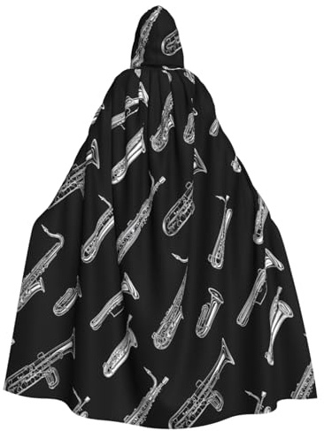 Zauberer Umhang mit Kapuze für Herren und Damen, Vampirumhang mit weißem Druck, Vintage-Saxophon, Halloween-Kostüm