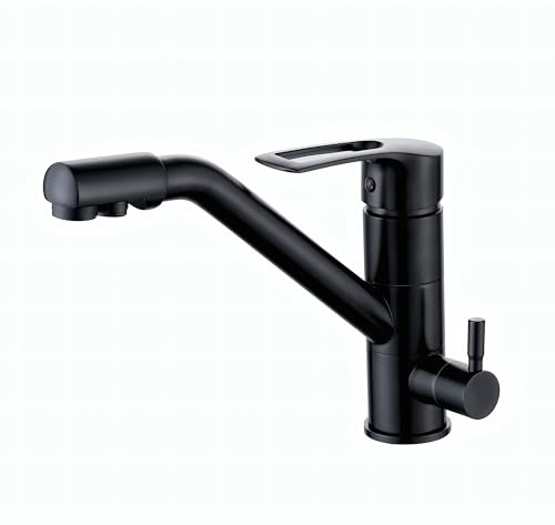Florenta 3 Wege Wasserhahn Küche, 360° Drehbar Küchenarmatur Messing, 3 in 1 Mischbatterie für Wasserfilter, Trinkwasserhahn mit 2 Hebel, Drei Wege Armatur Küche, Schwarz