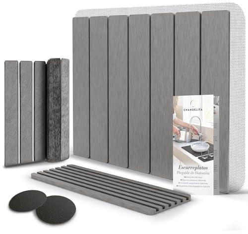 Chandelita Abtropfmatte Stein aus Diatomit – Faltbar 40×30 cm mit 30×10 cm Abtropfgestell & 2 Schleifpads – Stone Drying mat Kitchen, Schnell Trocknend, Antibakteriell, Rutschfest für Küche und Gläser