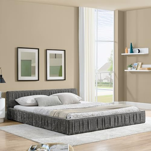 HAINEW Polsterbett 140×200cm mit Niedriges Kopfteil, Chenille Doppelbett Gepolstertes Bettgestell mit Lattenrost, Ohne Matratze, HNDE2511104 (Grau, 140×200cm)