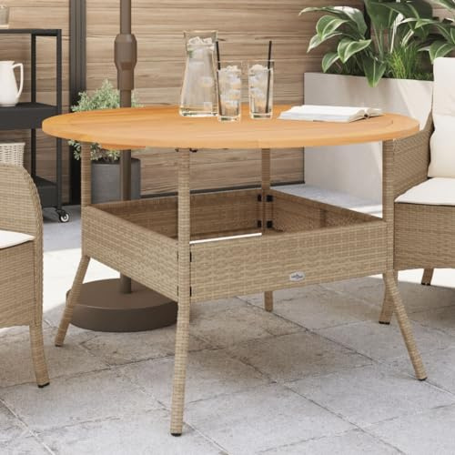 Hoopleep Gartentisch mit Holzplatte Beige, Ø110x71 cm Poly Rattan, runder Esstisch Outdoor, robust für Garten, Terrasse