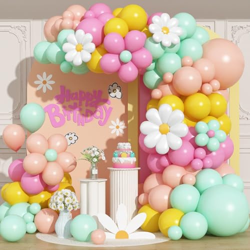 Kit d'arche de ballons en forme de marguerite 102 pièces ballons floraux groovy guirlande avec ballons en aluminium bohème, rose, jaune, vert pastel, orange, blanc, décorations de fête d'anniversaire