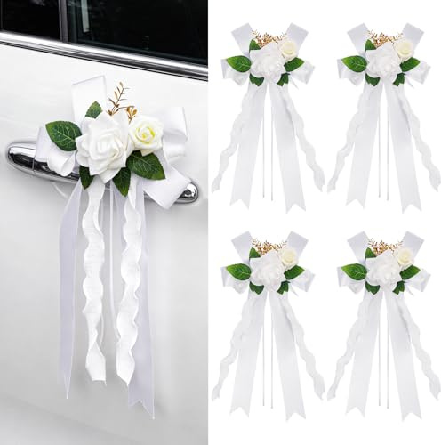 Alaoo Kit Decoración Coche Boda,4PCS Rosas Flores Artificiales Blancas con Lazo de Cinta y ventosas,Decoración de Boda,para Manija de Puerta y Espejo Retrovisor, Decoración Floral para Coche de Boda