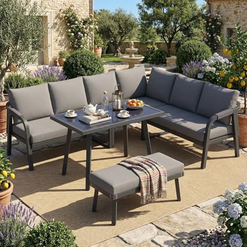 Lahoomu Garten-Essgruppe, Gartenmöbel-Set, für bis zu 8 Personen, Geflochtene Arm- und Rückenlehnen, verzinkte Stahlrohre, Beinhaltet Ecksofa, Esstisch und Bank, Grau