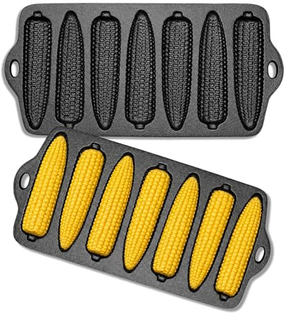PBSKM 2 Pack Cast Iron Cornbread Pans, 7-Cavity Corn Stick Baking Moulds | Pre-Seasoned Corn Cob Trays for Ovens, Hobs, Grills and Campfires, 31 x 14 x 2 cm