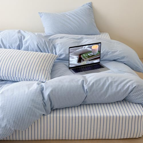 Freyamy Bettwäsche 155x220 Gestreift Blau Weiß Gestreifte Bettwäsche Set | Aesthetic Wendebettwäsche Streifen, 2teilig, Microfaser ÖKO-TEX Bettbezug mit Reißverschluss und 1 Kissenbezug 80x80cm