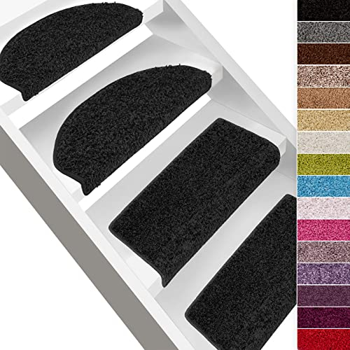 casa pura Shaggy Stufenmatten Barcelona 15 Stück Set, weicher Hochflor Treppen-Teppich, Treppenstufen Matten, selbstklebend | halbrund | 65 x 23,5cm | Schwarz