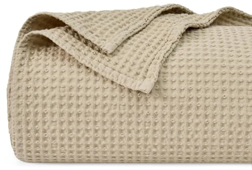 PHF 100% Cotton Waffle Weave Blanket Double Size 150 x 200cm, Pre-Washed Lightweight Breathable Throw Blanket, Oeko-TEX Certified for Bed Sofa, Home Decor, Khaki