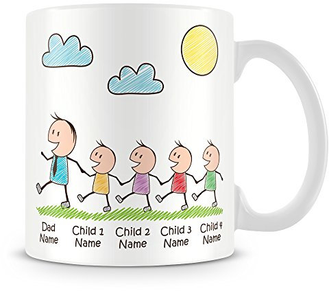 MUGGZ Daddy Mug with 4 Children (11oz) - Personalise with Dad and Kid Names – Ceramic Cup Gift for Dads Father’s Day Birthday Present Christmas