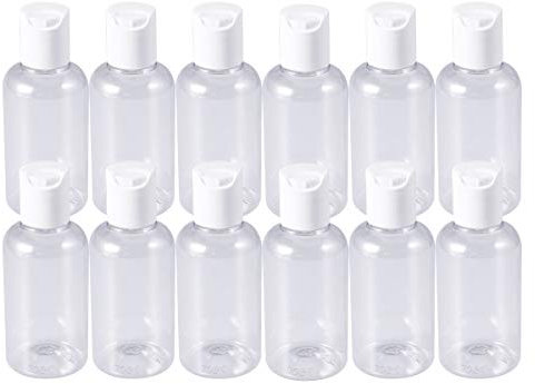 Frcolor Lot de 12 bouteilles rechargeables en plastique 75 ml avec bouchon de disque de pression clair conteneurs pour tous les produits liquides (Cap Couleur aléatoire)