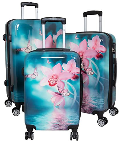 Trendyshop365 Hardcase Koffer-Set 3-teilig Blumen-Motiv Orchidee - 4 Räder Zahlenschloss bunt