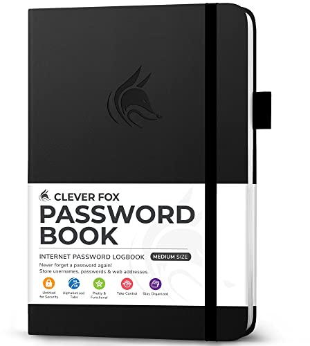 Clever Fox Password Book with alphabetical tabs. Internet Address Organizer Logbook. Medium Password Keeper for Website Logins (Black)
