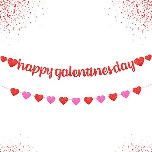 Glitzer, rotes Happy Galentines Day Banner – 2 Saiten, kein Basteln,Happy Galentines Day Dekorationen,Galentines Day Party Favors for Be My Galentine Decor,Galentinstag Dekorationen, Galentines Decor