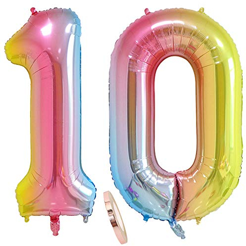 globos numeros 10 años, globo número 10 arcoíris para niña niño infantil, 40 Figuras helio globo inflable gigante,grande iridiscentes colores rosados rosa decoración fiesta de cumpleaños (xxxl 100cm)
