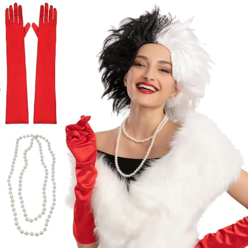 Spooktacular Creations Frauen Cruel Lady Kostüm Perücke Set mit Handschuhen, Halter und Halskette Kurz Bob Wavy Wig Halloween Perücke Cosplay Party Zubehör (Schwarz und Weiß)