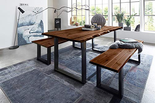 SAM 3 TLG. Essgruppe Quintus, Baumkantentisch 140x80 cm & -Bank 140x42 cm, Akazienholz massiv, nussbaumfarben, U-Gestell Schwarz