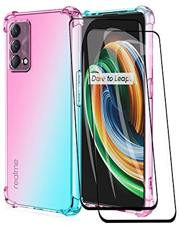 GOGME Coque pour realme GT Master Edition + 2 Verre Trempé, Étui en Gradient Color TPU Case Cover, Housse de Protecteur Transparente Antichoc Souple Silicone Bumper (Rose/Vert)